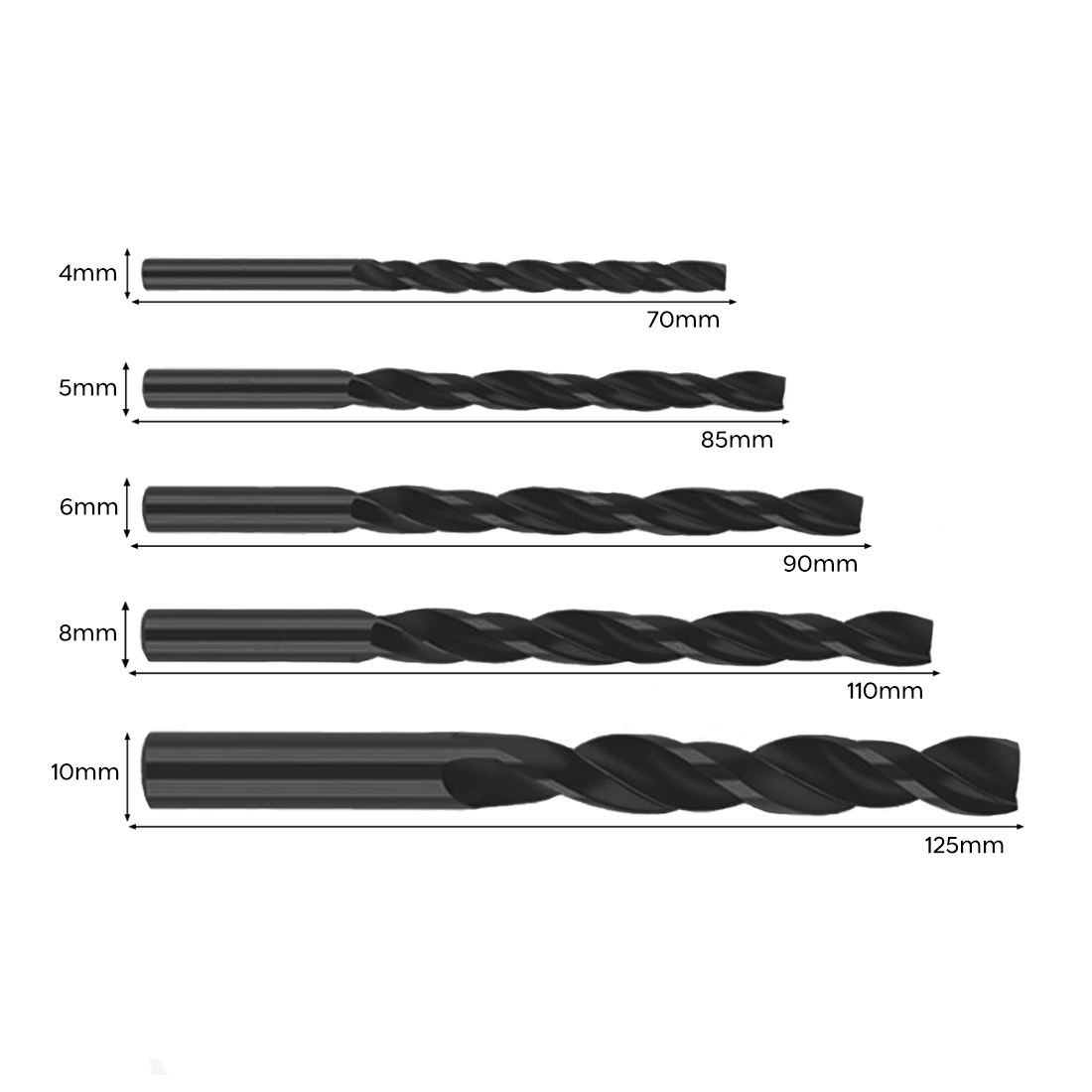 Set de 5 forets hélicoïdaux universels, diamètres 4, 5, 6, 8 et 10 mm