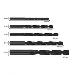 Set de 5 forets hélicoïdaux universels, diamètres 4, 5, 6, 8 et 10 mm