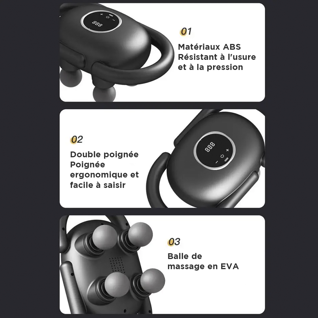 Pistolet de Massage Électrique 4 Têtes pour Massage Musculaire à Batterie 15W