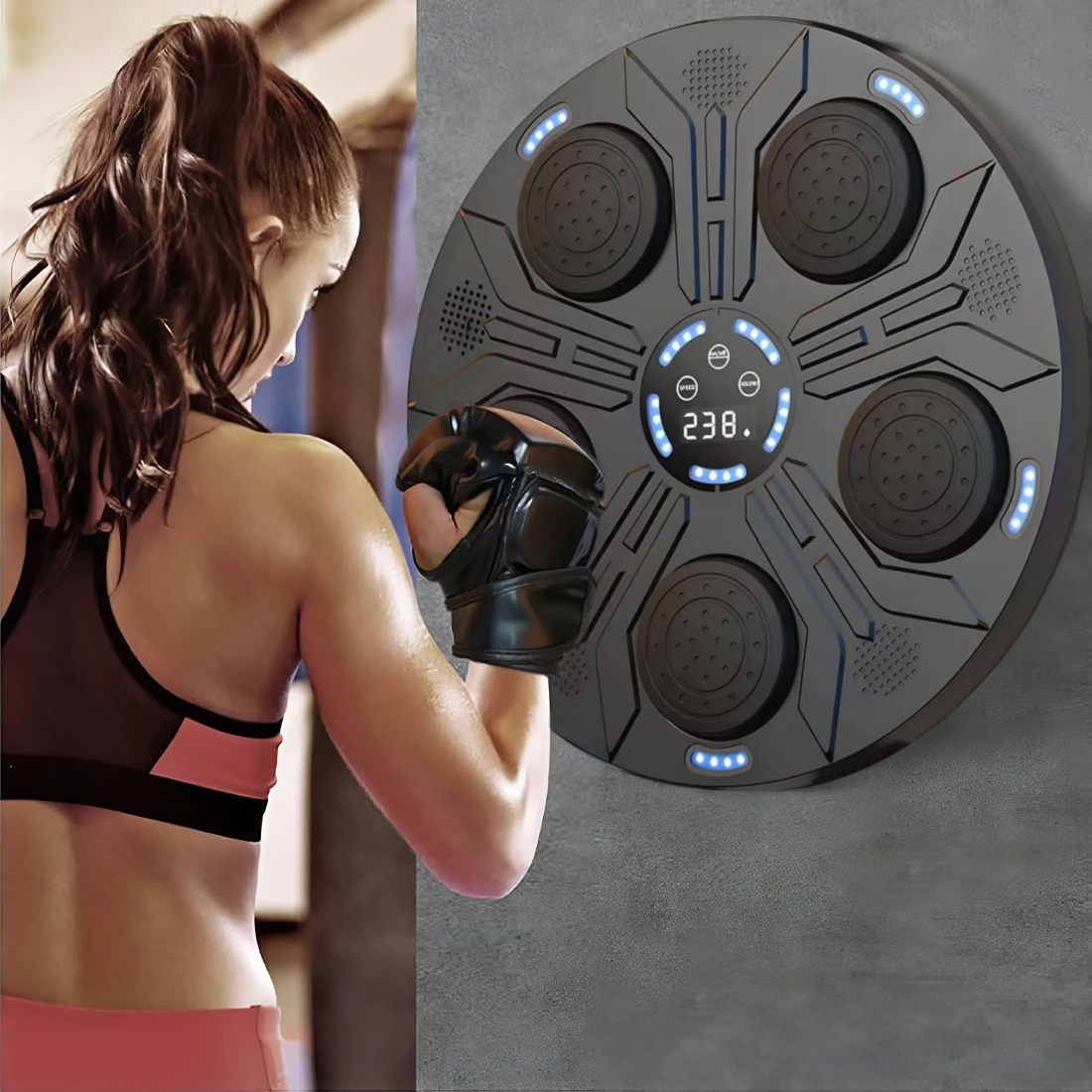 Machine à boxe musicale murale réglable avec lumières RGB et gants inclus
