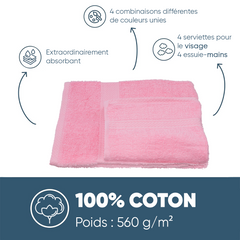 Ensemble de 8 serviettes : 4 pour le visage et 4 invités, en pur coton