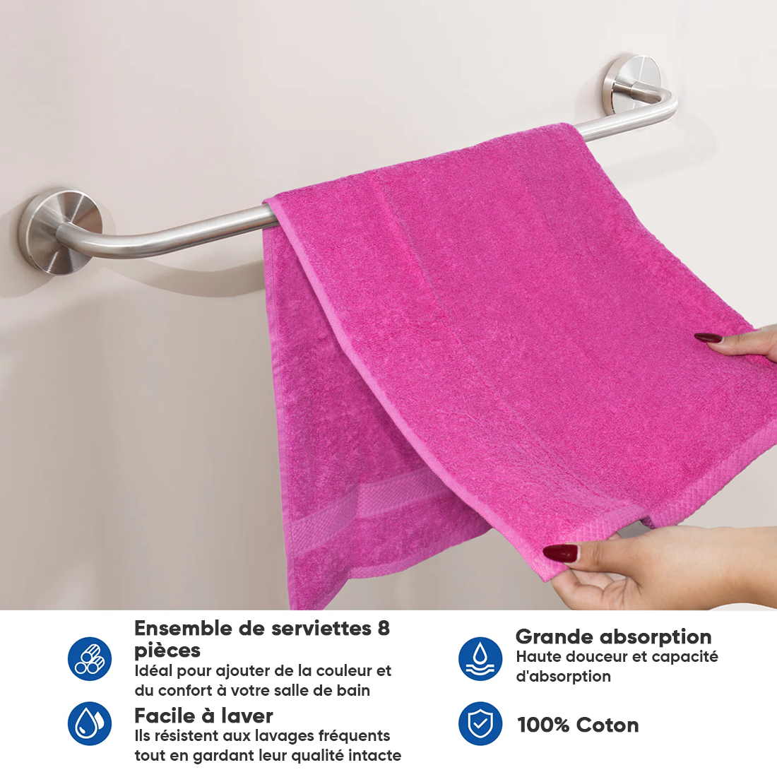 Ensemble de 8 serviettes : 4 pour le visage et 4 invités, en pur coton