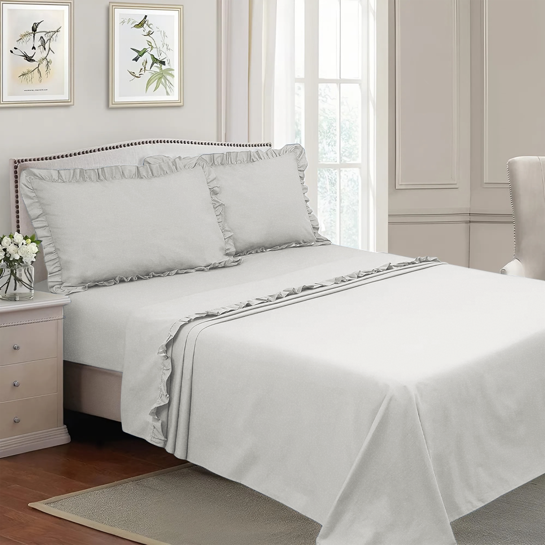 Ensemble lit double avec volant deux draps et deux taies d'oreiller avec volant