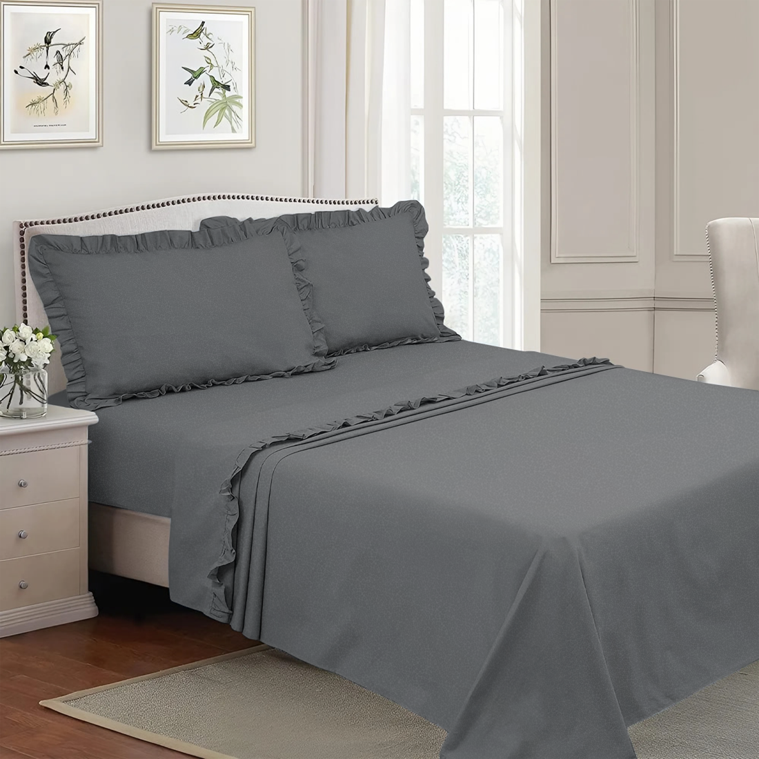 Ensemble lit double avec volant deux draps et deux taies d'oreiller avec volant