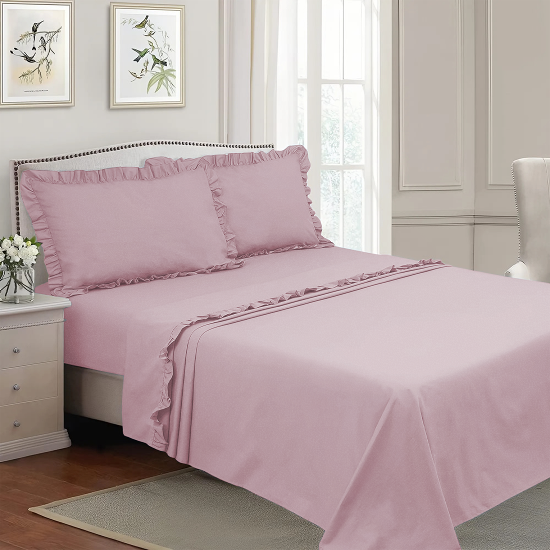 Ensemble lit double avec volant deux draps et deux taies d'oreiller avec volant