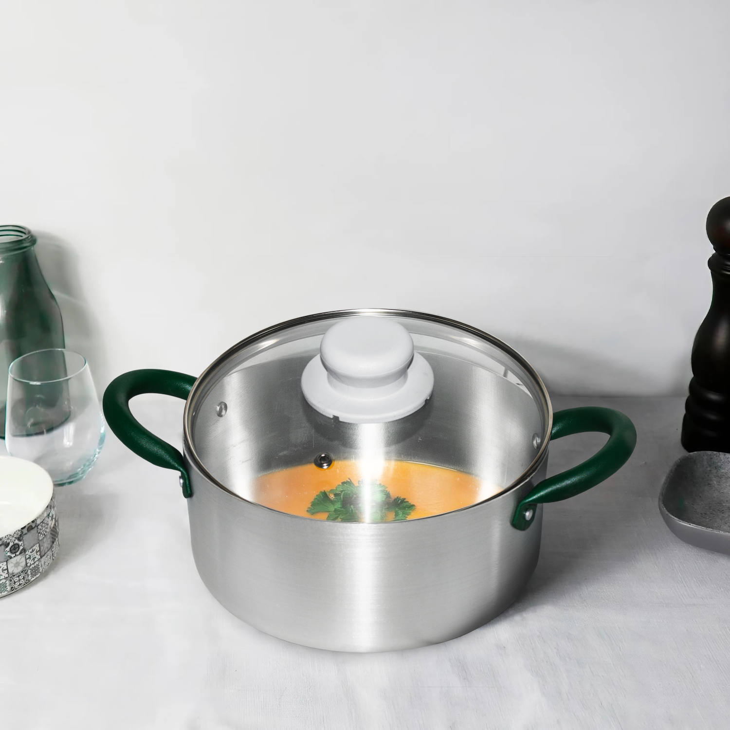Batterie de Casseroles en Aluminium de 12 Pièces avec Couvercle en Verre Trempé