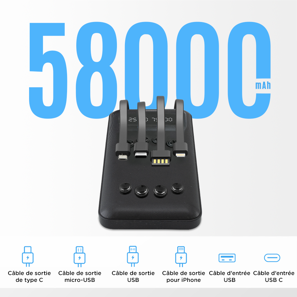 Powerbank 58000mAh Chargeur Rapide Portable avec 4 Câbles Inclus USB