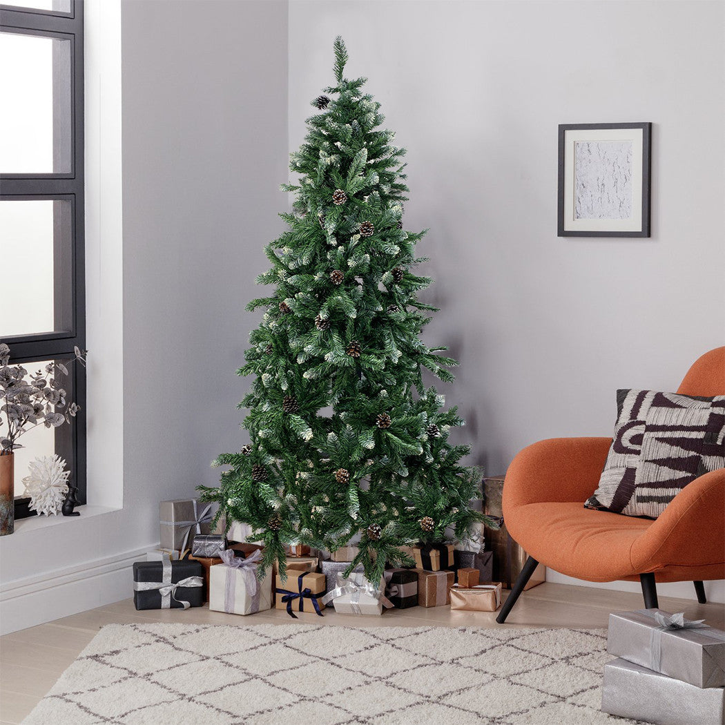 Arbre de Noël Artificiel avec Pommes de Pin et Neige 180H en PVC Support Métal