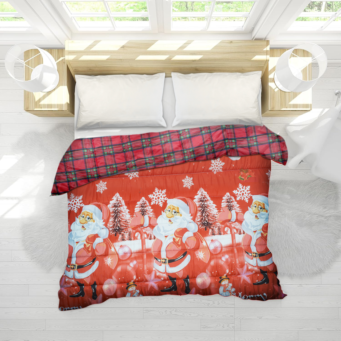 Trapunta de Noël Matrimoniale Double Face Tartan et Impression avec Père Noël