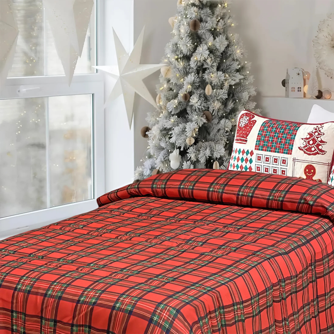 Trapunta de Noël Matrimoniale Double Face Tartan et Impression avec Père Noël