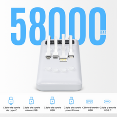 Powerbank 58000mAh Chargeur Rapide Portable avec 4 Câbles Inclus USB
