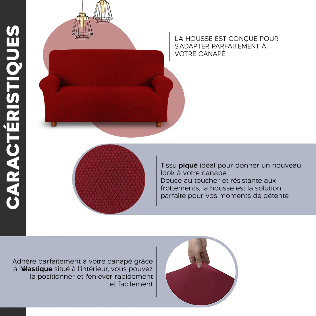 Housse de Canapé 2 Places avec Élastique Uni Antitache en Tissu Piquet