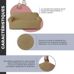 Housse de canapé 3 places avec élastique, uni, anti-tache en tissu piqué