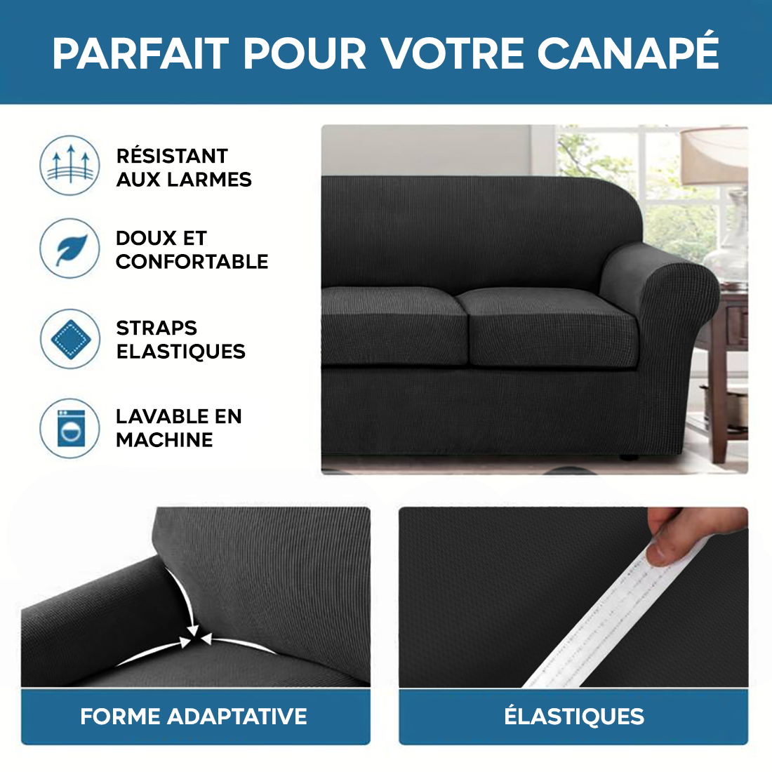 Housse de Canapé 2 Places avec Élastique Uni Antitache en Tissu Piquet