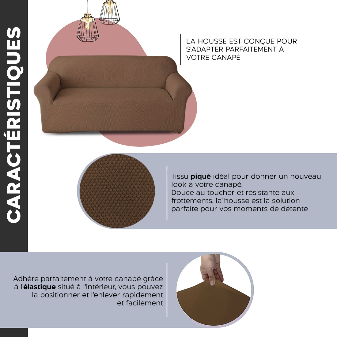 Housse de canapé 3 places avec élastique, uni, anti-tache en tissu piqué