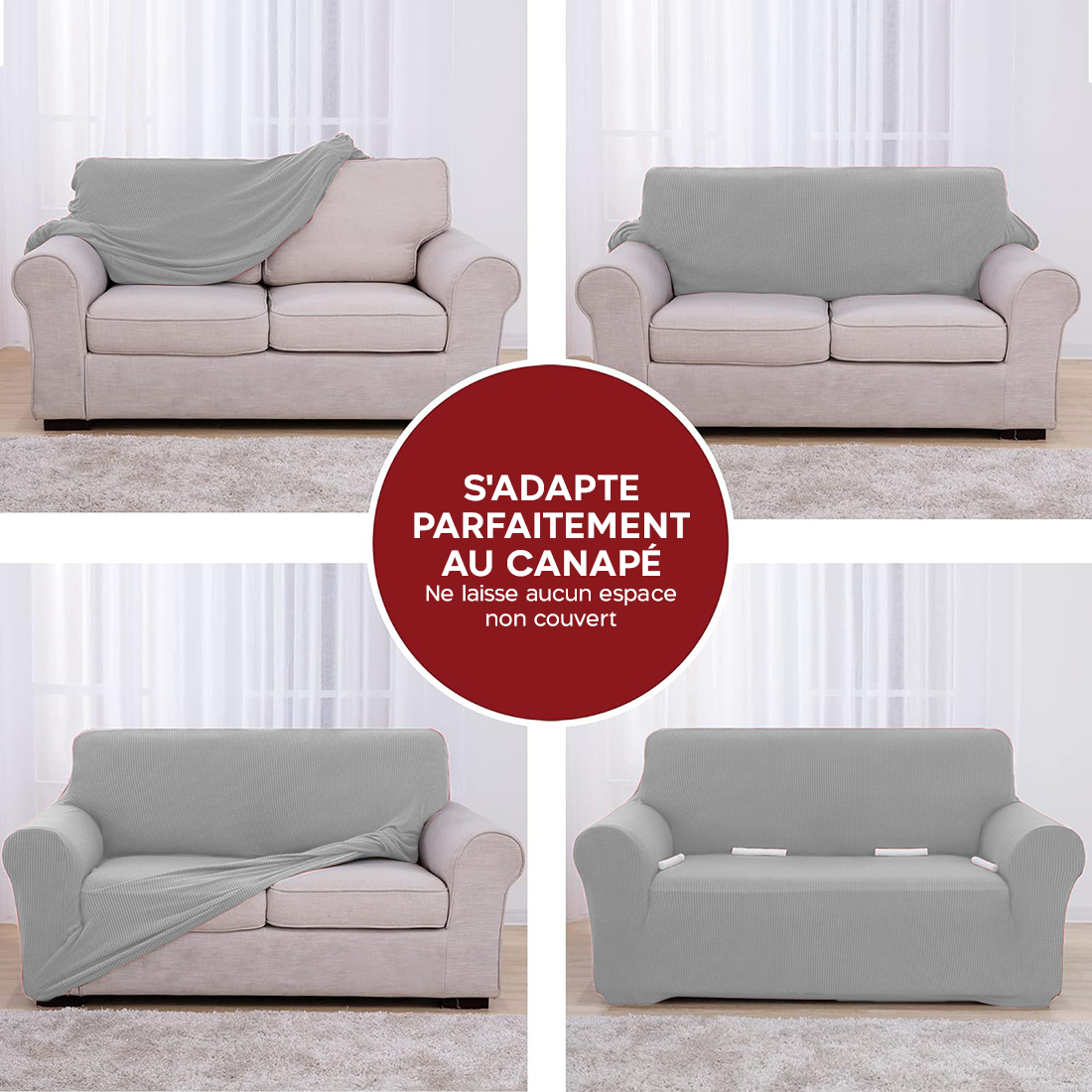 Housse de canapé 3 places avec élastique, uni, anti-tache en tissu piqué