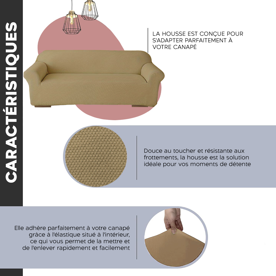 Housse de canapé 4 places avec élastique, unie, anti-taches, en tissu piqué