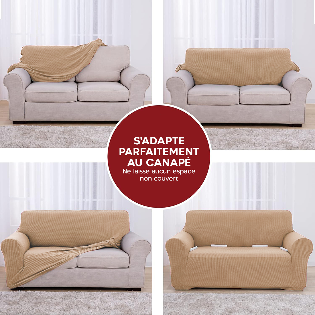 Housse de canapé 4 places avec élastique, unie, anti-taches, en tissu piqué