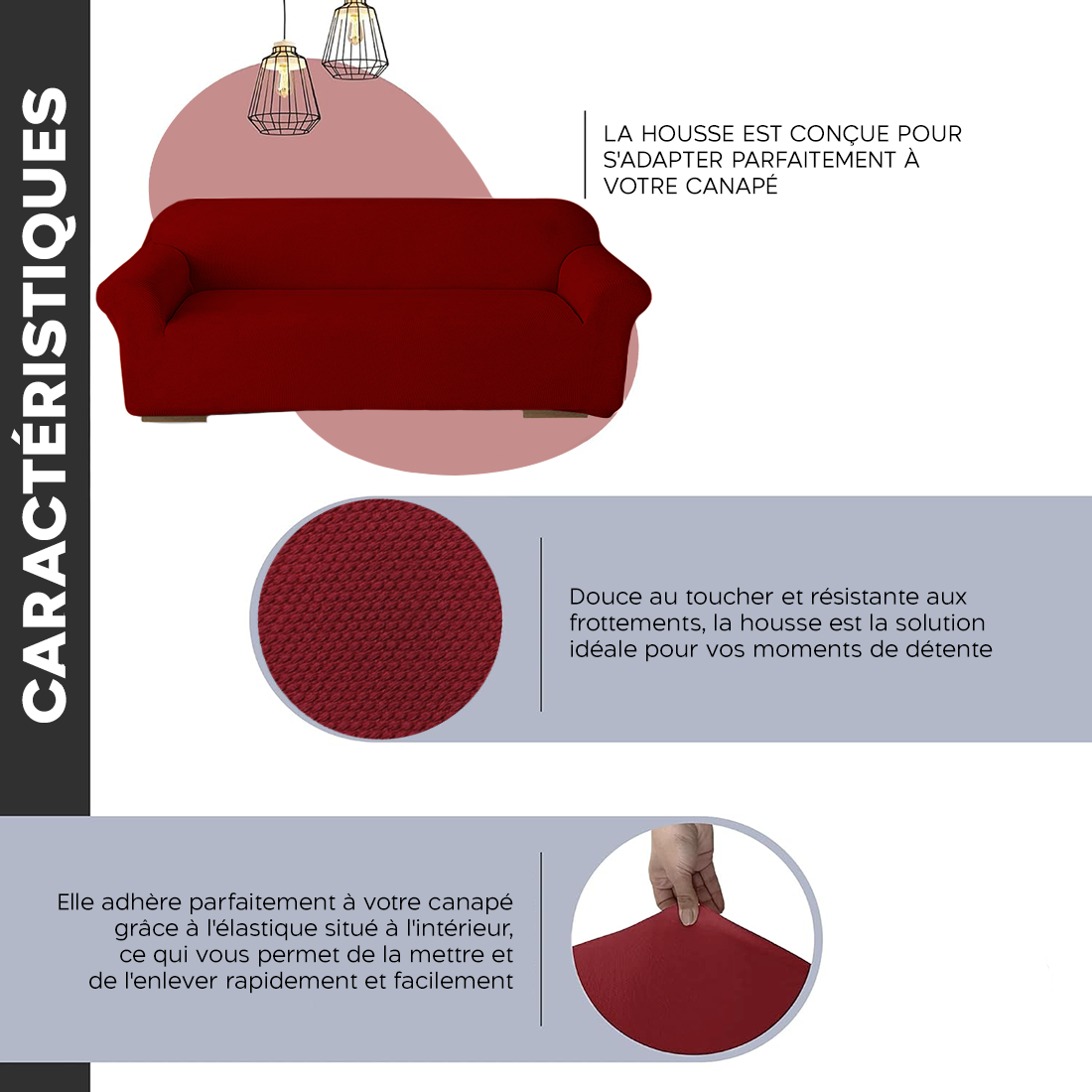 Housse de canapé 4 places avec élastique, unie, anti-taches, en tissu piqué