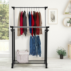 Portant double réglable avec roulettes et support pour chaussures
