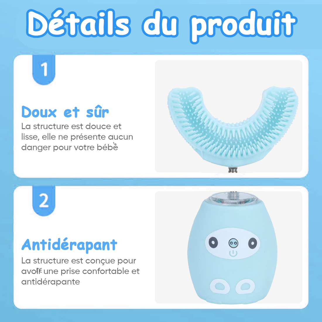 Brosse à dents électrique pour enfants en silicone doux, nettoyage à 360°