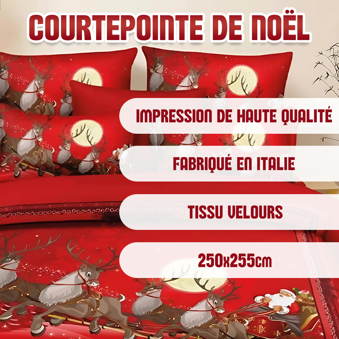 Couette Matrimoniale en Velours avec Imprimé de Rennes de Noël Couette Hivernale