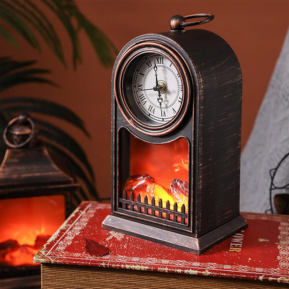 Horloge Décorative de Table Vintage avec Foyer à Piles et Effet Flamme