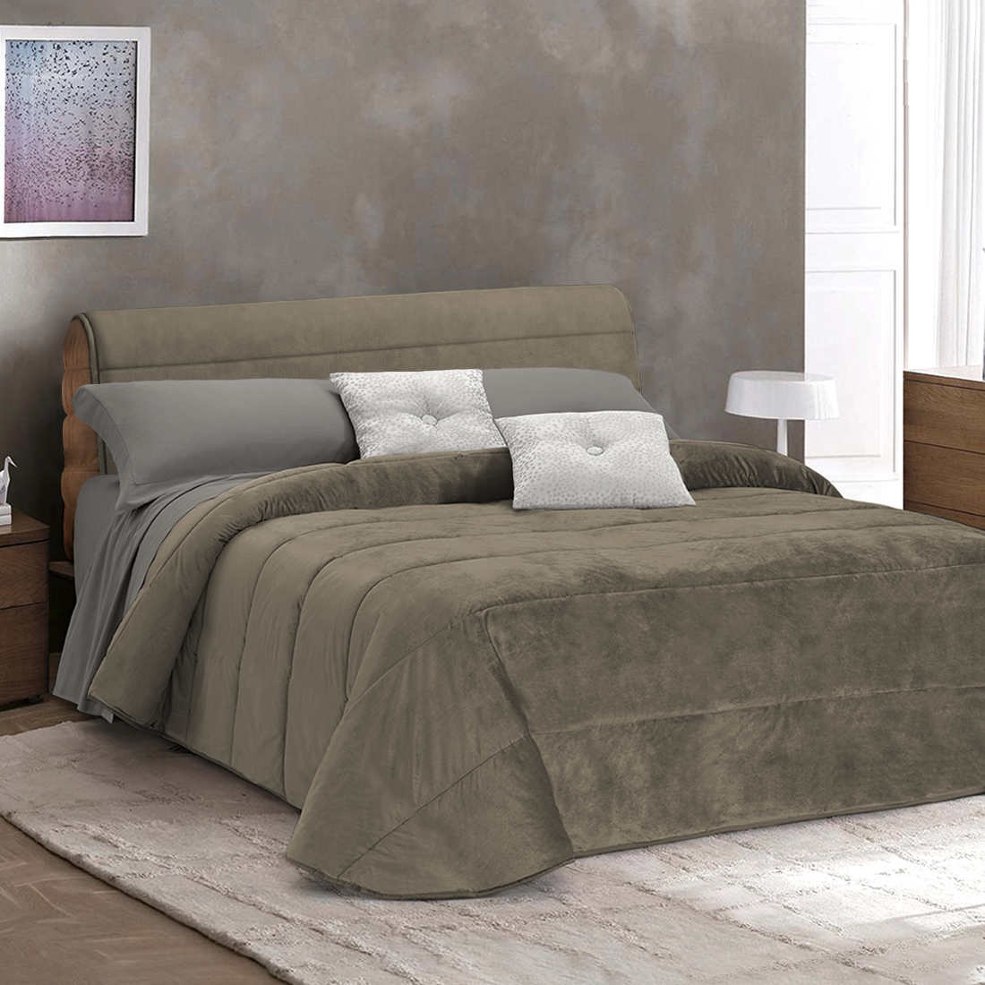 Couette Matrimoniale Velours Duvet Double Face Uni avec Housse de Tête