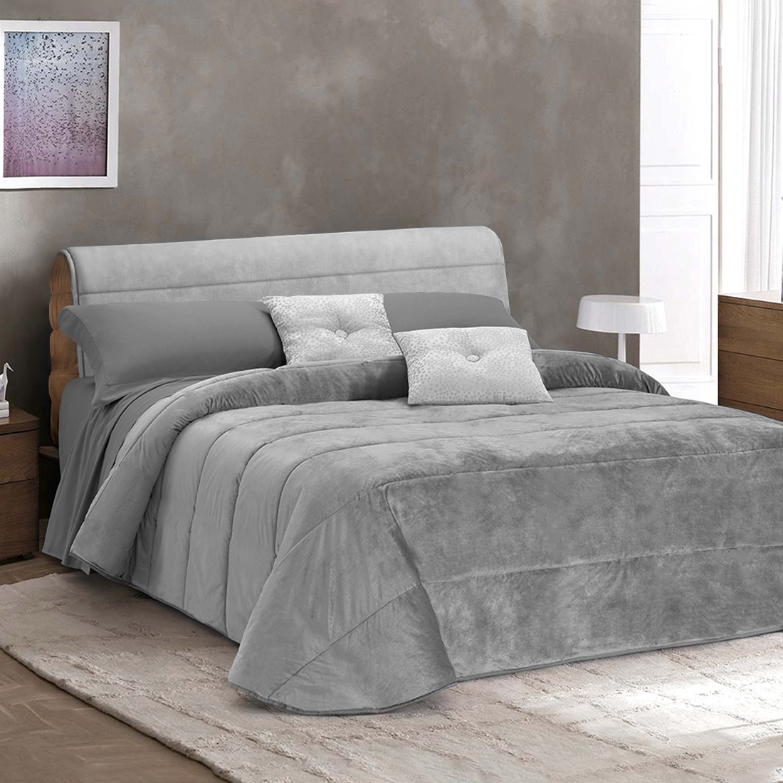 Couette Matrimoniale Velours Duvet Double Face Uni avec Housse de Tête