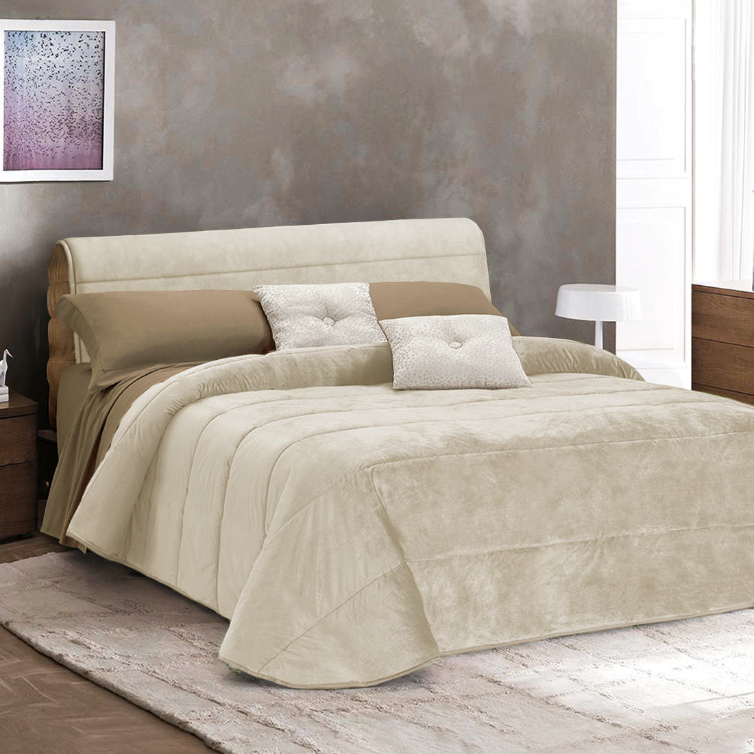 Couette Matrimoniale Velours Duvet Double Face Uni avec Housse de Tête