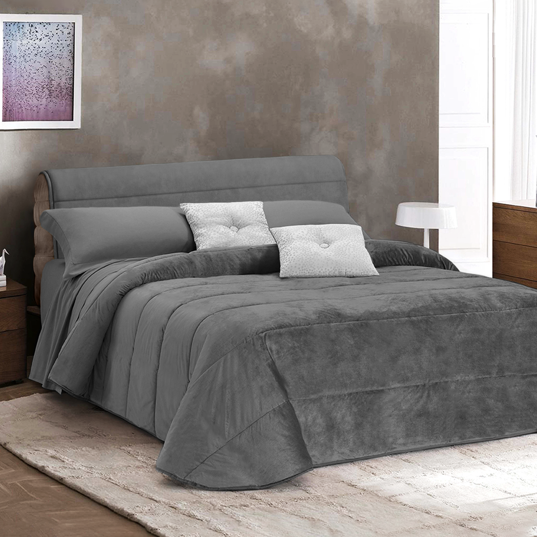 Couette Matrimoniale Velours Duvet Double Face Uni avec Housse de Tête