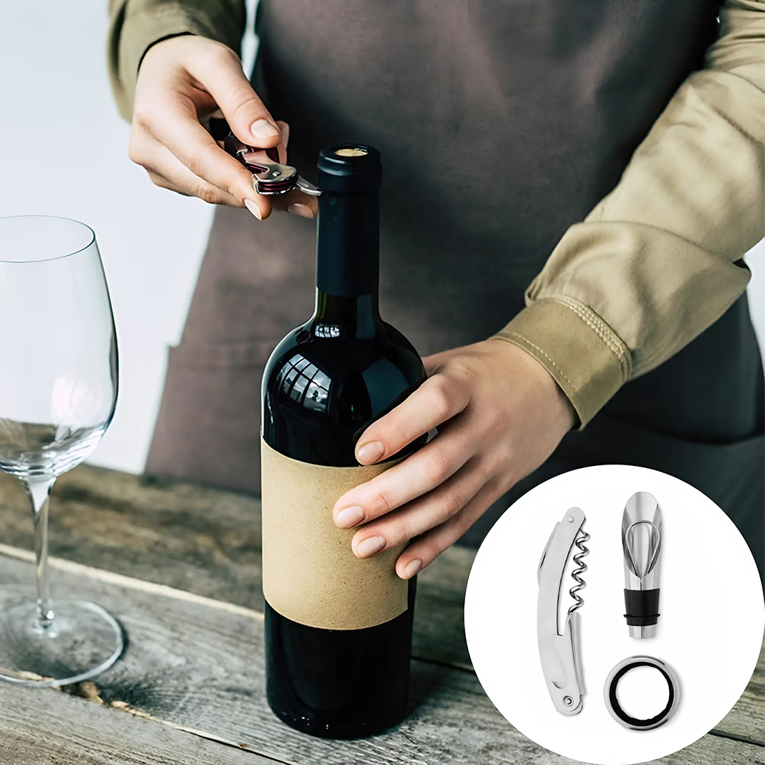 Porte-bouteilles de vin en simili cuir 4 places avec accessoires ouvre-bouteille