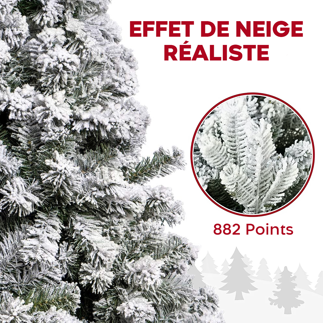 Sapin de Noël MONTEROSA enneigé 210H, 882 branches, effet neige, base en métal
