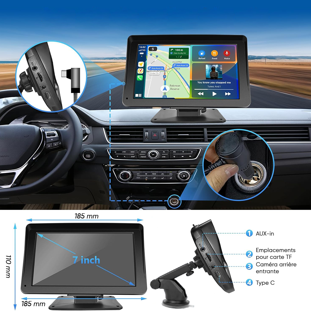 Écran CarPlay 7'' pour voiture avec GPS FM Bluetooth sans fil Android iOS