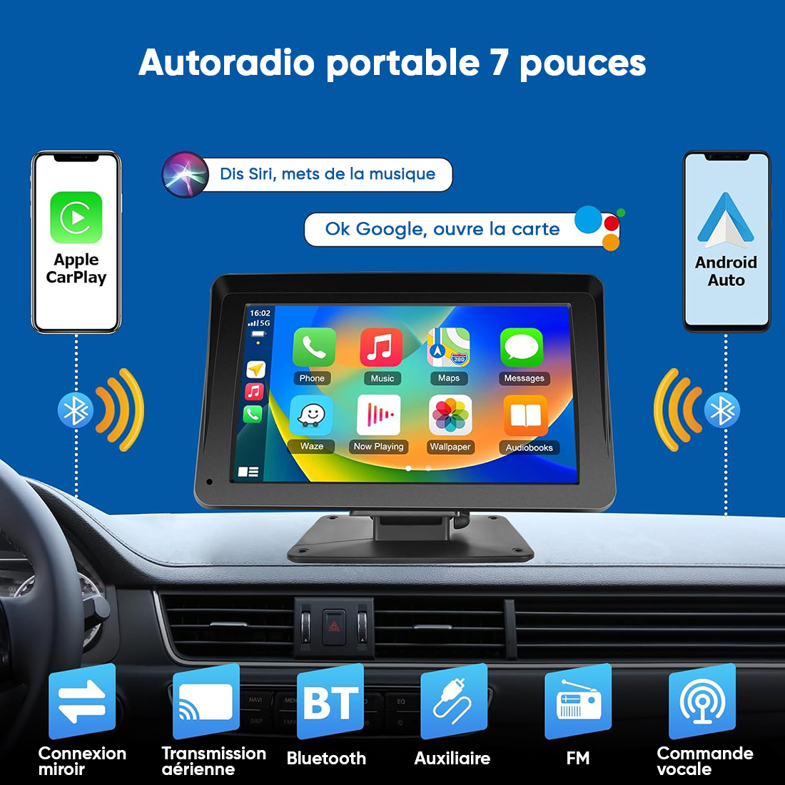 Écran CarPlay 7'' pour voiture avec GPS FM Bluetooth sans fil Android iOS