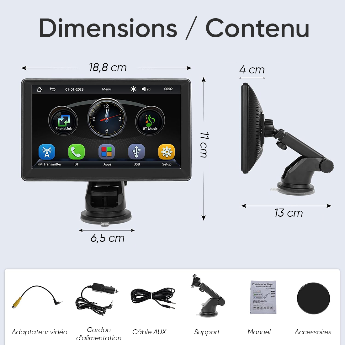 Écran CarPlay 7'' pour voiture avec GPS FM Bluetooth sans fil Android iOS