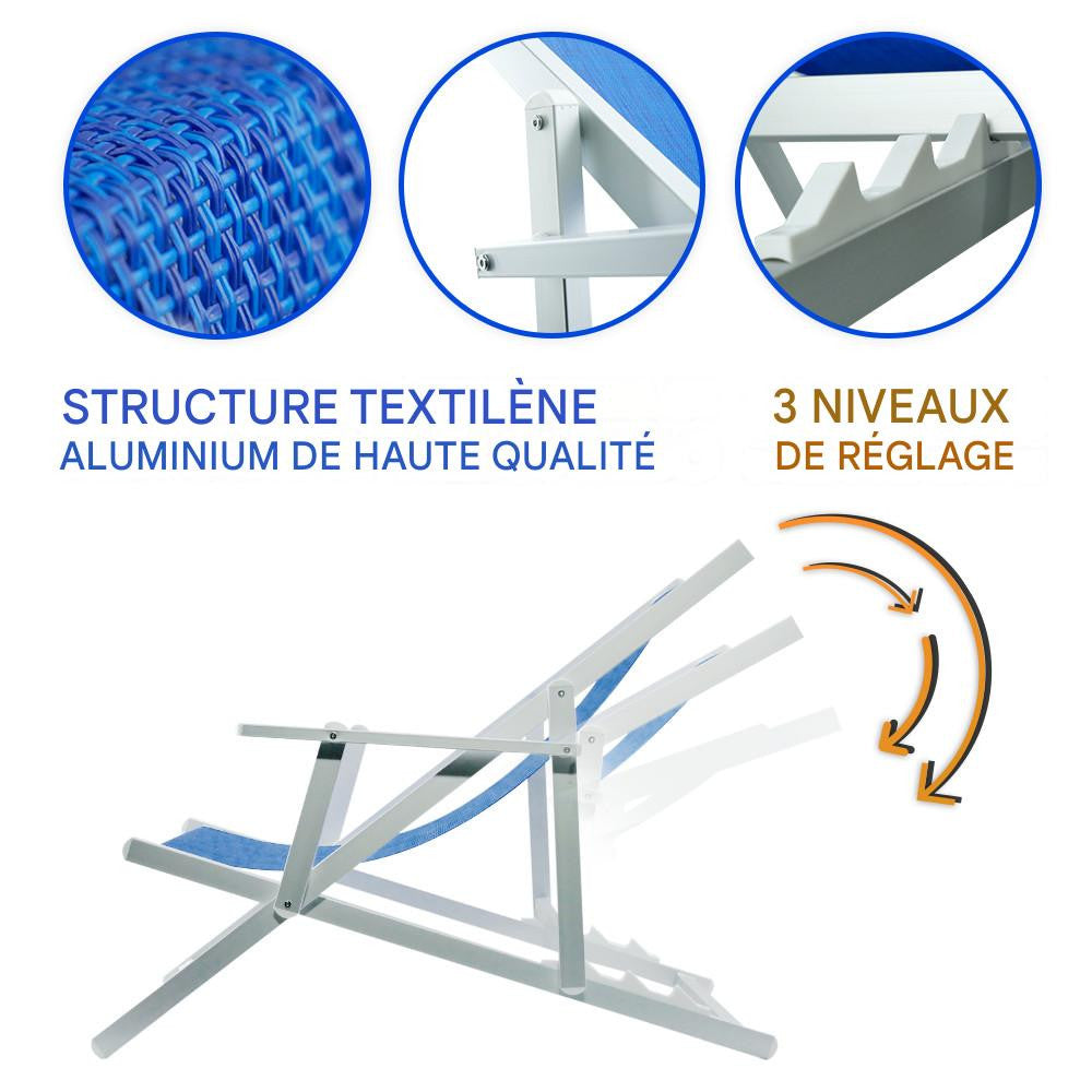 Chaise longue pliante Napoli, accoudoirs, structure aluminium et textilène.