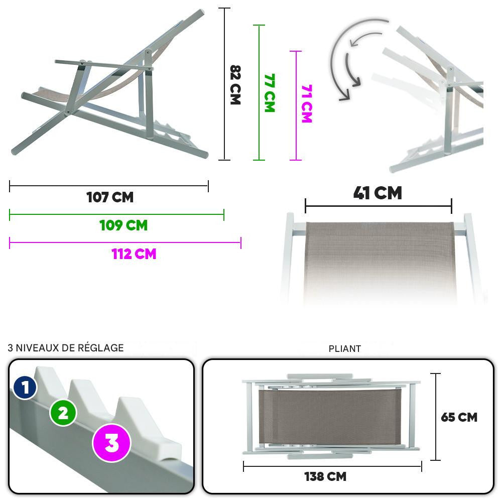 Chaise longue pliante Napoli, accoudoirs, structure aluminium et textilène.