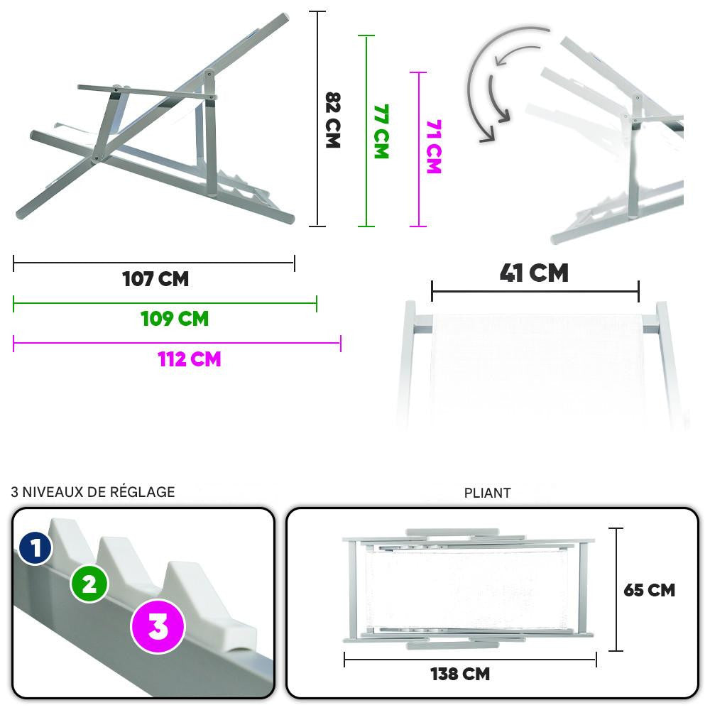 Chaise longue pliante Napoli, accoudoirs, structure aluminium et textilène.