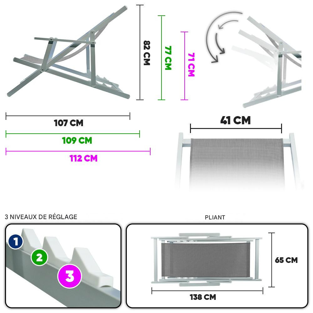 Chaise longue pliante Napoli, accoudoirs, structure aluminium et textilène.