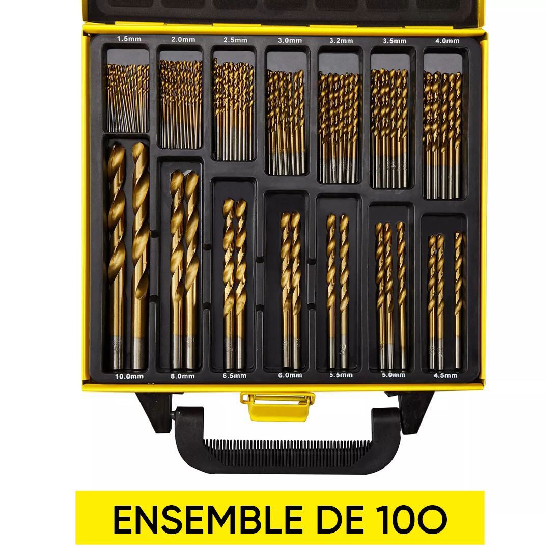Ensemble de 100 forets en acier antirouille de 1,5 à 10 mm avec mallette