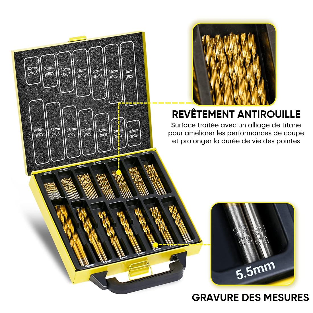Ensemble de 100 forets en acier antirouille de 1,5 à 10 mm avec mallette