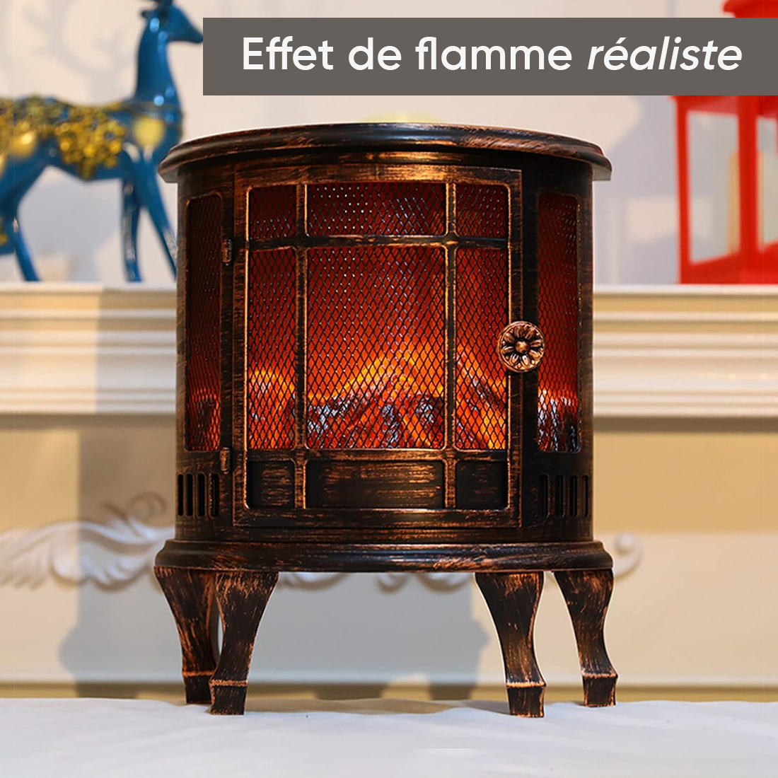 Cheminée Décorative à Piles Effet Flammes Compacte en Bronze