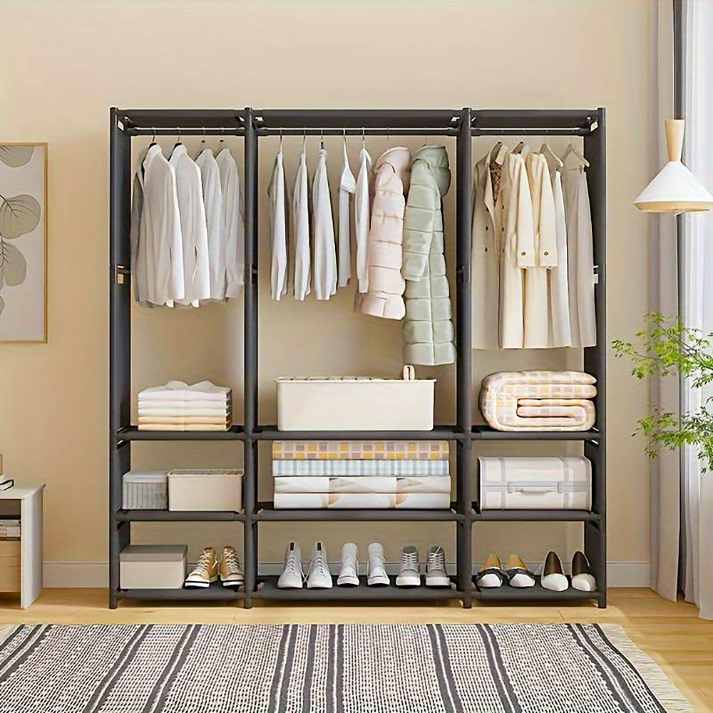 Armoire Garde-robe en Tissu Étagère Camping 9 Étagères Barres de Penderie