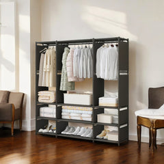 Armoire Garde-robe en Tissu Étagère Camping 9 Étagères Barres de Penderie