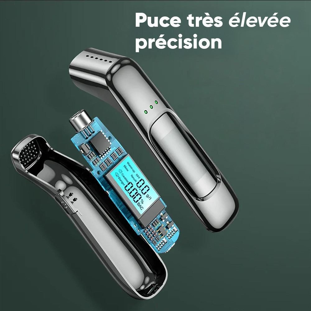 Éthylomètre rechargeable à haute sensibilité avec affichage numérique.