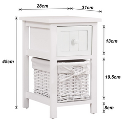 Table de chevet blanche Shabby Chic avec tiroir et panier en osier