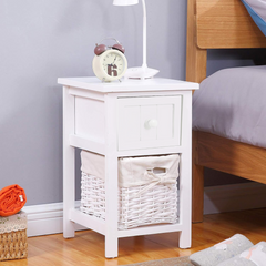 Table de chevet blanche Shabby Chic avec tiroir et panier en osier