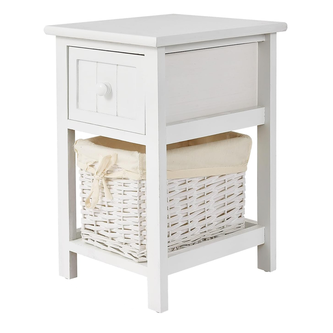 Table de chevet blanche Shabby Chic avec tiroir et panier en osier