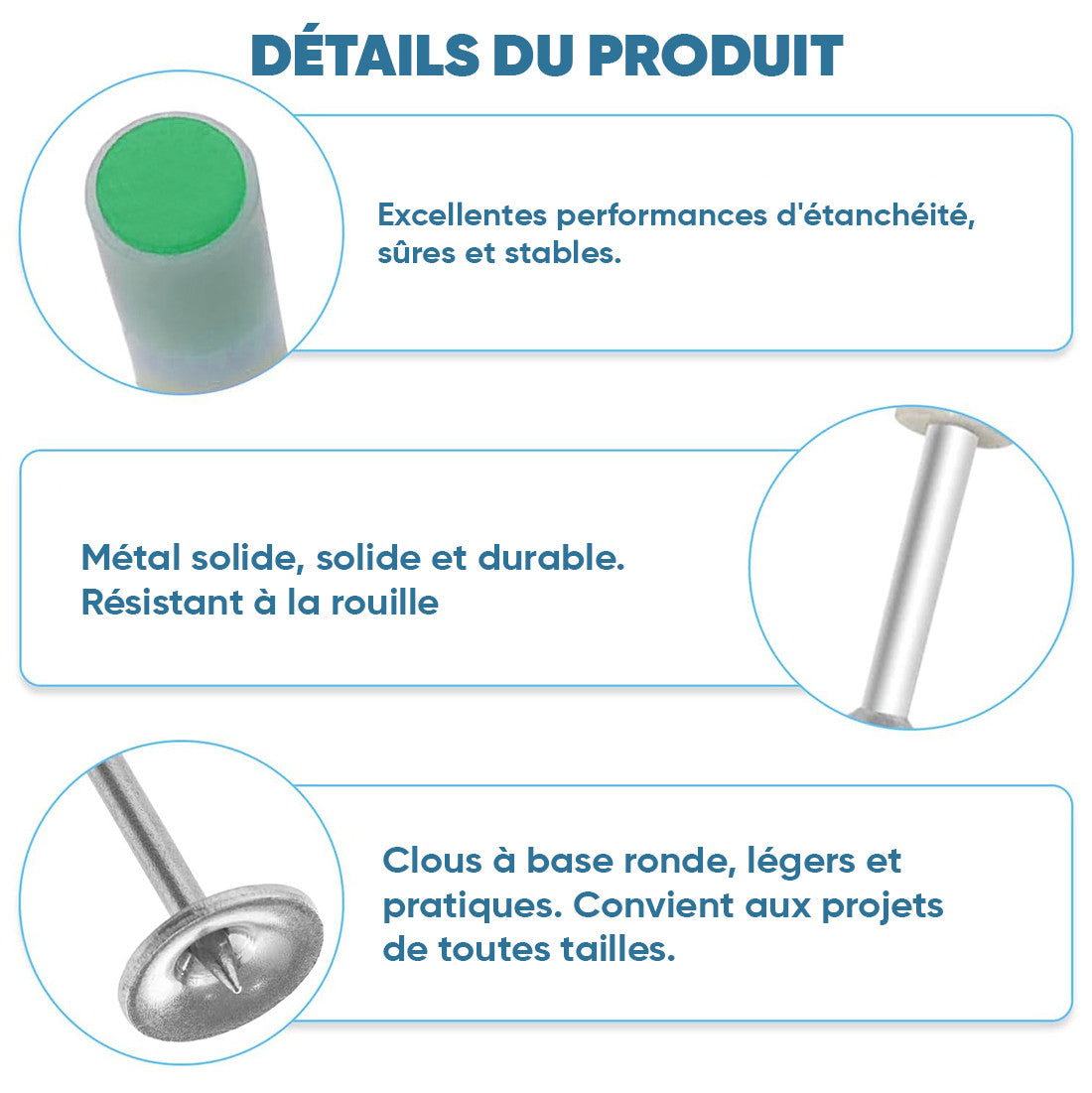 200 clous métal 7mm pour pistolet manuel, béton et fer, rivets ronds